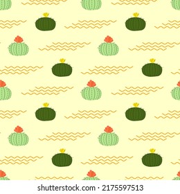 Simple pattern with cacti and wavy lines. Vector on a beige background. For fabrics, packaging, prints, baby products and covers.