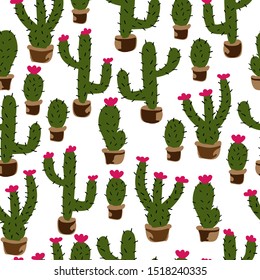 A simple pattern of cacti. White background, funny green cacti in pots. Print is well suited for textiles, Wallpaper and packaging.