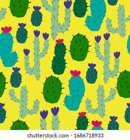 A simple pattern of cacti. Yellow background, cute cacti. The print is well suited for textiles, Wallpaper and packaging.