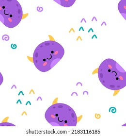 A simple pattern with cartoon kawaii monsters. Cute purple characters. Children's print for fabric, packaging, wallpaper, interior. 