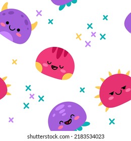 A simple pattern with cartoon kawaii monsters. Cute purple and pink characters. Children's print for fabric, packaging, wallpaper, interior. 