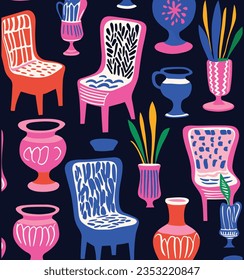 Simple Pattern With Chairs and Vases on White, in the Style of Fauvist Animator, Dark Pink and Blue, Cottagepunk, the Helsinki Schoo