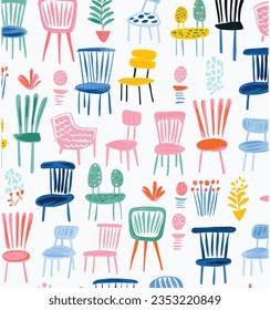 Simple Pattern With Chairs and Vases on White, in the Style of Fauvist Animator, Dark Pink and Blue, Cottagepunk, the Helsinki Schoo