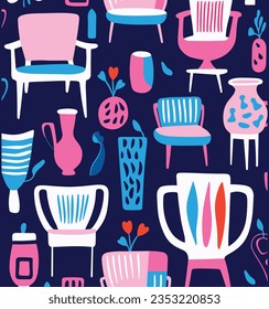 Simple Pattern With Chairs and Vases on White, in the Style of Fauvist Animator, Dark Pink and Blue, Cottagepunk, the Helsinki Schoo