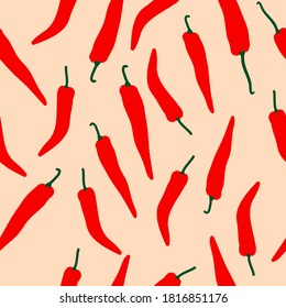 A simple pattern for Chile peppers. Red peppers on a pale orange background. Vector texture. Bright print for the banner.