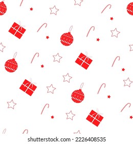 A simple pattern for Christmas and New Year with red and white flowers. Gifts and Christmas balls. Pattern for packaging and clothing, postcards and more. Flat style.