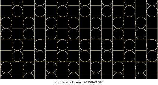 Simple pattern of circles and squares with a light gold border on a dark green background.Elegant design in retro, art deco, seventies style. For decoration, textiles, packaging, corporatism, brands.