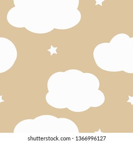 A simple pattern of clouds and stars. Beige background, cute white clouds and stars. The print is well suited for Wallpaper,textiles, banners and postcards.