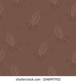 simple pattern with coffee beans and leaves in brown colors, aromatic coffee on brown trendy background