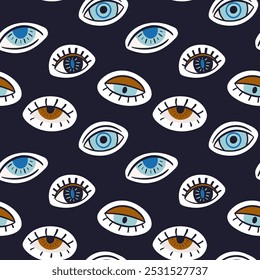 Simple pattern with colorful eyes on a dark background. Vector design. Design for clothing, wallpaper, posters.