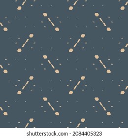 Simple pattern consisting of short line marks surrounded by dots or flecks. Wallpaper texture. Textile design in dark blue and pink.