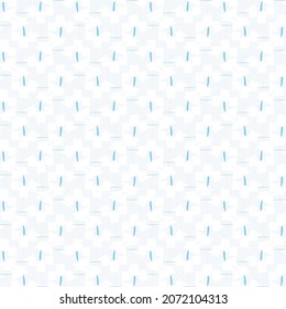 Simple pattern consisting of short lines arranged horizontally or vertically, among pale twisted decorative elements. Textile design in shades of blue and white. Wallpaper texture.