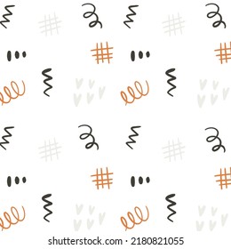 Simple Pattern With Cute Abstract Decorations On White Background. Kids Design For Print, Textile, Fabric, Wallpaper, Apparel, Wrapping. Hand Drawn Vector Illustration.