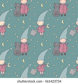 Simple pattern with cute gnomes. Vector illustration for children design.