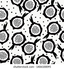 A simple pattern of dragon fruit. White background, black and white pitaya fruit. The print is well suited for textiles,banners,Wallpapers and postcards.