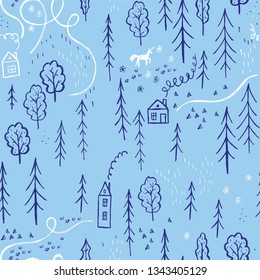 A simple pattern of a simple drawing of a forest with houses and a unicorn on a blue background.
