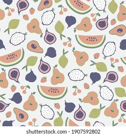 Simple pattern of exotic fruit. white background. different fruits and berries. Vector texture. fashionable print for textiles and wallpaper.