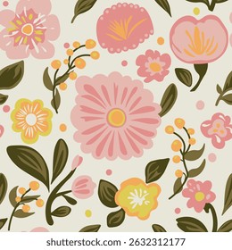Simple pattern of fantasy flowers. Hand drawn. Bright garden texture for printing on paper and textiles. Pink and yellow color scheme on a light background. For children.