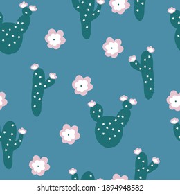 simple pattern fashion print for wallpaper and textiles. Cute cacti with white flowers. Turquoise background. Vector texture.