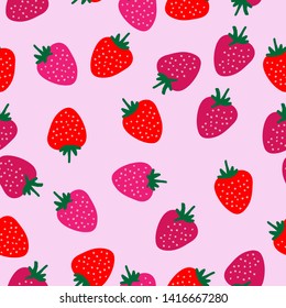 A simple pattern of flowers and berries. Pink background, juicy ripe strawberries. The print is well suited for Wallpaper,postcards,textiles and banners.
