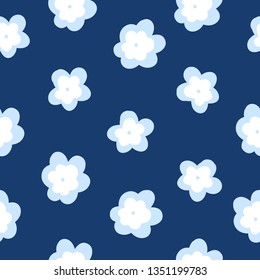 Simple pattern of flowers. Blue background, white with blue flowers. Print is well suited for textiles, banners, postcards, packaging.