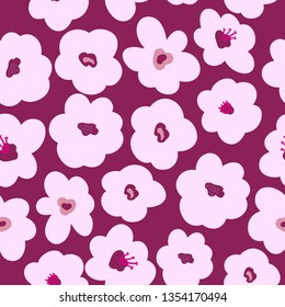 Simple pattern of flowers . Burgundy background, cute big pink flowers. The print is well suited for textiles,Wallpaper,banner,postcards and packaging.