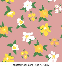 Simple pattern of flowers. Coral background, yellow and white flowers . The print is well suited for Wallpaper, textiles,banner,packaging and postcards.