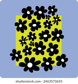 Schlichte Blütenmuster gelber Hintergrund, Abstrakte Monochrom-Blume mit Neongrün, Vektorgrafik nahtlose Muster mit schlichte schwarze Kamillenblume, Preppy Yellow Black Hippie Flower, Schwarze Blüten