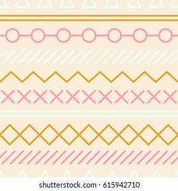 Simple pattern with geometrical shapes. Abstract texture with lines, squares, circles, cross. Abstract pattern in Nordic style.