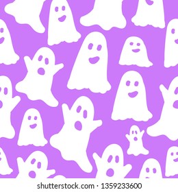 A simple pattern of ghosts. Lilac background, cute white ghosts . The print is well suited for textiles,banners, postcards and Wallpapers.