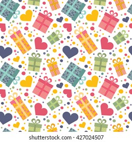 Simple pattern with gifts, confetti and heart.