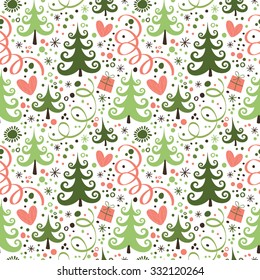 Simple pattern with gifts, serpentine, hearts and Christmas trees.
