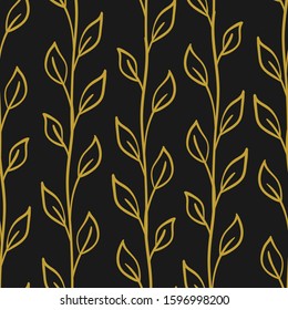 Simple pattern with golden vertical branches and leaves; black floral design for fabric, wallpaper, textile, wrapping paper, web design.