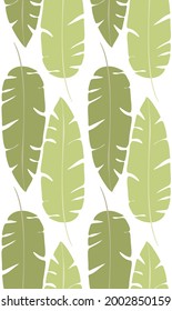 Simple pattern with green silhouettes of banana leaves on white background. Tropical texture. Wallpaper with jungle foliage. Vector texture of rainforest