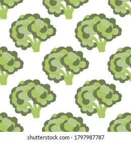 Simple pattern with hand drawn broccoli image. Seamless texture on white background. For textile, wrapping paper, fabric print.