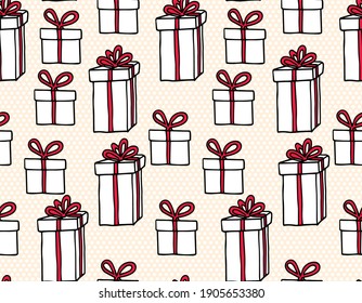 
Simple pattern with hand drawn doodle gift boxes with red bows and ribbons. Holiday background for happy birthday, new year, merry christmas or wedding