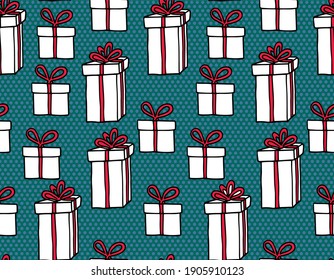 
Simple pattern with hand drawn doodle gift boxes with red bows and ribbons. Holiday background for happy birthday, new year, merry christmas or wedding