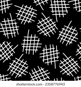 Simple pattern with hand drawn scribble grid. Seamless vector minimalistic pattern on black background. Doodle print