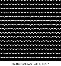 Simple pattern with hand drawn scribbled waves. Seamless vector minimalistic pattern on black background. Doodle print