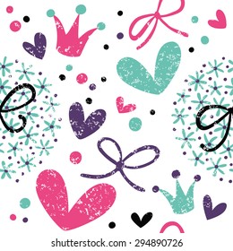Simple pattern with hearts, bows and crowns. Great for girls, Valentine's Day, Mother's Day, wedding, scrapbook, surface textures.