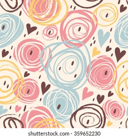 Simple pattern with hearts and circles.Vector background in pastel colors. Seamless pattern can be used for wallpapers, pattern fills, web page backgrounds, surface textures.