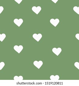 A simple pattern of hearts. Green background, cute white hearts. Print is well suited for textiles, banners and Wallpapers.