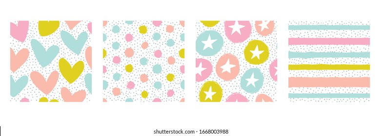 Simple pattern with hearts, stripes, stars and polka dots. Set of vector backgrounds. 