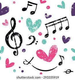 Simple pattern with hearts, treble clef and notes. Great for Baby, Valentine's Day, Mother's Day, wedding, scrapbook, surface textures.