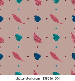 Simple pattern illustration of tropical leaves with multicolored dots on a background
