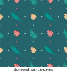 Simple pattern illustration of tropical leaves with multicolored dots on a background