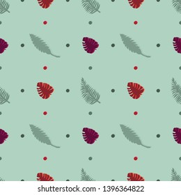 Simple pattern illustration of tropical leaves with multicolored dots on a background