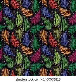 Simple pattern illustration of tropical leaves with multicolored dots on a background
