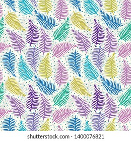 Simple pattern illustration of tropical leaves with multicolored dots on a background