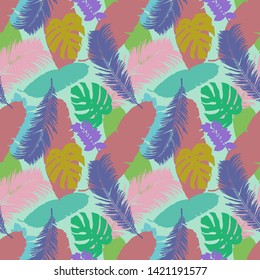 A simple pattern illustration of tropical palm leaves and monstera leaves